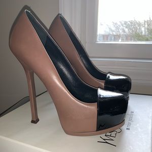 YSL Tribtoo Beige + Black Cap Toe Pumps